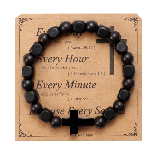 MILAKOO Wooden Bracelet with Black Stainless Steel Cross Charms Bead Christian Gifts for Women Men - color: C1