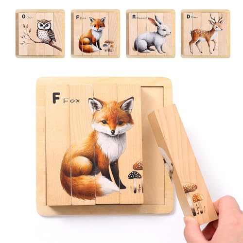 IEATFO 4 in 1 Wooden Animal Chunky Puzzle, 5 Solid Wood Puzzle Blocks with 4 Sides Realistic Forest Animals, Wooden Block Puzzle with Durable Base for Toddlers 3+ Years - Montessori Inspired - style: 4 in 1 (Forest)