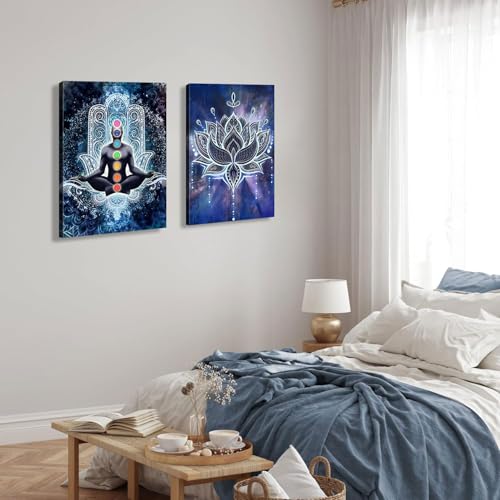 2 Pcs Framed Spiritual Canvas Wall Art Mural Chakra Meditation Poster Lotus Mandala Printed Zen Yoga Artwork Used Mindfulness Therapy Posters Bohemian Picture Home Decoration Gallery Wrapping 12X16Inch