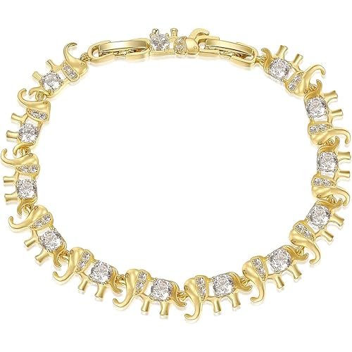 14K White/Yellow Gold Plated 4mm Cubic Zirconia Elephant Bracelet for Women Cute Animal CZ Link Chain Bracelet with Fold Over Clasp Jewelry Gift（6.5 Inch+1Inch） - color: Gold Plated