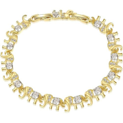 14K White/Yellow Gold Plated 4mm Cubic Zirconia Elephant Bracelet for Women Cute Animal CZ Link Chain Bracelet with Fold Over Clasp Jewelry Gift（6.5 Inch+1Inch） - color: Gold Plated