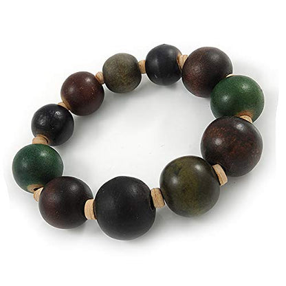Avalaya Green/Brown/Black Graduated Wood Bead Flex Bracelet - 18cm L