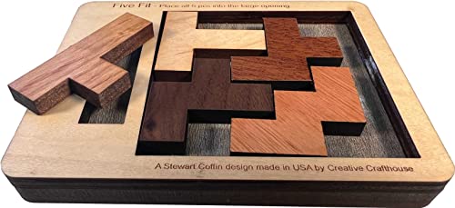 Puzzles for Adults - Level 10 Out of 10 Difficulty | Five Fit Small from Creative Crafthouse - Very Hard Wooden Brain Teaser Puzzle - style: Five Fit