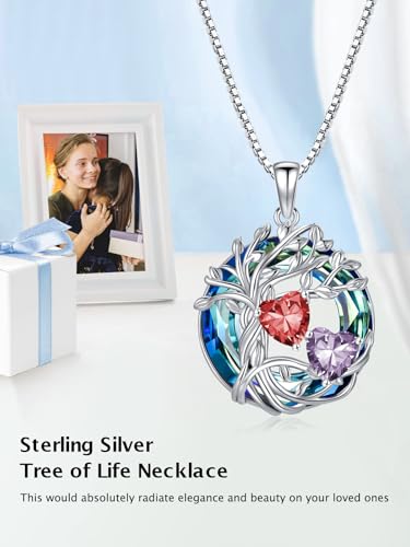 TOUPOP s925 Sterling Silver Family Celtic Tree of Life Pendant Necklaces with 2 Heart Birthstone with Blue Austrian Crystal Jewelry Birthday Valentines Day Gifts for Her, Anniversary Christmas Gifts for Wife Girlfriend Mom (18K Real White Gold Filled) - c