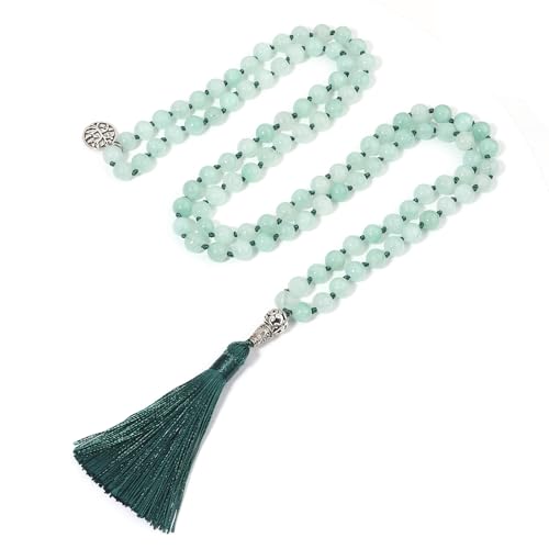 108 Mala Beads Necklace Semi-Precious Gem Stones Meditation Necklace 108 Hand Knotted Japa Mala Beaded Tassel Necklace with Tree of Life Pendant - color: Aventurine