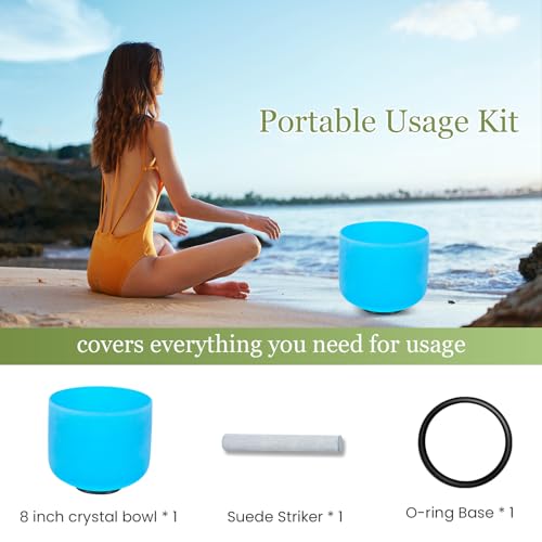 432HZ 8 Inchs Frosted Crystal Singing Bowl Set for Meditation Healing Yoga Chakra Quartz Crystal Sound Bowls with Heavy Duty Carry Case and Rubber Mallet,Suede Striker,O-rings