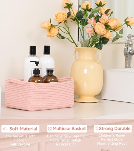 CLHMILY&Z Small Cube Storage Baskets, Decorative Woven Cotton Rope Baskets with Handles for Organizing, Shelf, Closet, Nursery, Bathroom, Toy Organizer Bins (1, Pink, 11.4 x 7.5 x 4.7)