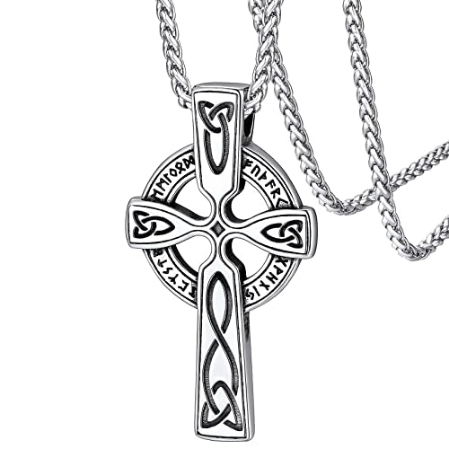 FaithHeart Norse Viking Rune Necklace with Adjustable Braided Leather/Stainless Steel Rope Chains for Men Women, Vintage Amulet Jewelry Gift with Delicate Box - color: 04. Celtic Cross-Silver