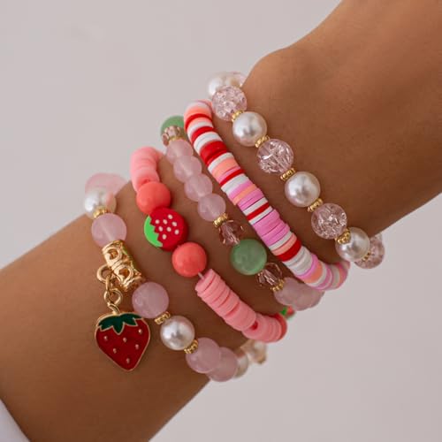 Healing Beads Bracelets for Women Men, Adjustable Natural Stone Beaded Bracelet Stackable Chain Stretch Jewelry Gifts - color: 5PCS Strawberry Beaded