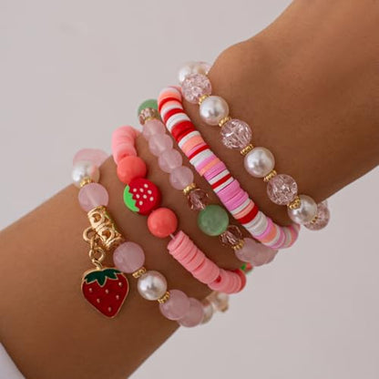 Healing Beads Bracelets for Women Men, Adjustable Natural Stone Beaded Bracelet Stackable Chain Stretch Jewelry Gifts - color: 5PCS Strawberry Beaded
