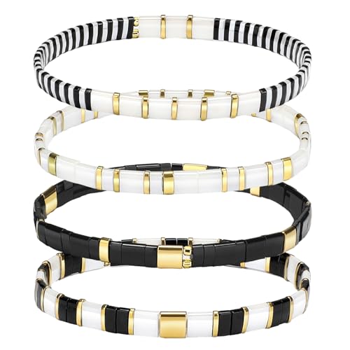Jadive 4 Pcs Tila Flat Beaded Stretch Bracelets for Women Bohemian Friendship Bead Bracelets Glass Cute Boho Style Square Beaded Decorations for Jewelry Friend Gifts - color: Black and White