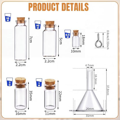 Geiserailie 45 Pcs Mini Glass Bottles with Cork Stoppers Spell Jar Mini Glass Vials Potion Bottles Clear Wishing Jars with 50 Eye Screws 3 Funnels for Party Favors DIY Art Crafts Decoration(Small) - size: Small