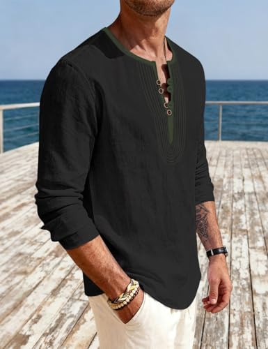 Mens Linen Shirts Henley T-Shirts Long Sleeve Tops Casual Beach T-Shirts Yoga Shirts for Men - color: Black, size: Medium