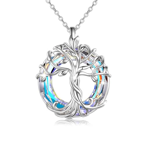 TOUPOP Tree of Life Necklace Gifts for Women 925 Sterling Silver Family Tree Pendant with Crystal Birthday Irish Jewelry Gifts for Women Her Wife Mom - color: 01-White Gold-White Crystal