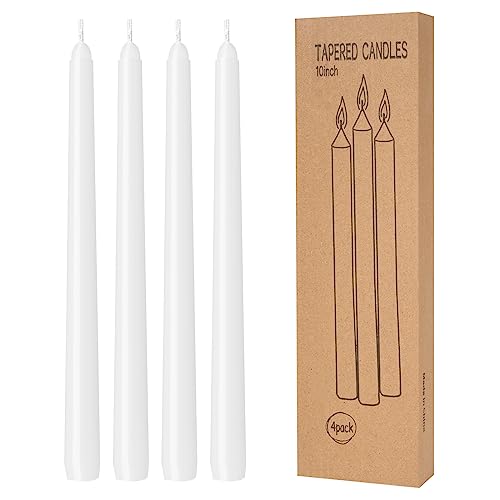 4 Pack White Taper Candles - Taper Candles 10 Inch Dripless, Smokeless & Unscented - 8 Hours Long Burning - Hand Poured Tall Candlesticks - Ideal for Weddings, Dinner Parties, and Home Decor - color: White, size: 4 Pack Taper Candle