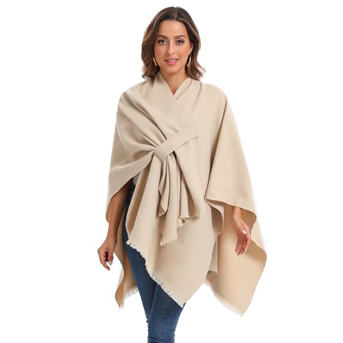 Women Large Shawl Wraps Soft Warm Copy Pashmina Shawl Lightweight Travel Knitted Scarf With Front Cross Tab - color: Beige