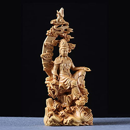 LQX Sculpture Tabletop Sculpture Sculpture Buddha Statue Boxwood 17cm Guanyin Sculpture Wood Goddess of Mercy Buddha Statue Moon Guan Yin Decor Sculpture Buddha Statue Ornaments Decorative Statue