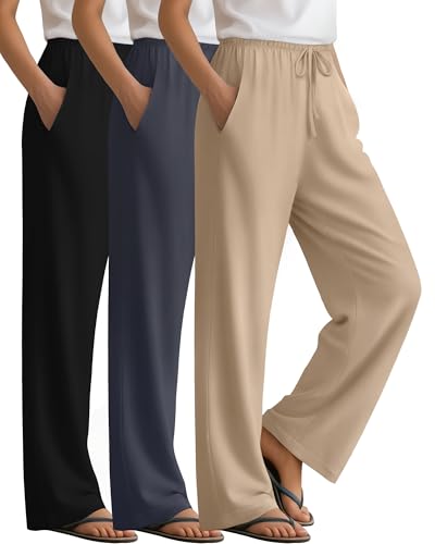 3 Pack Women's Lounge Pants Cozy Wide Leg Yoga Pants Casual Drawstring Loose Baggy Sweatpants with Pockets - color: Black, Charcoal Gray, Khaki, size: Medium