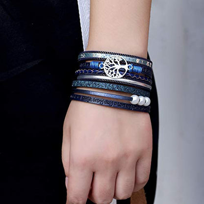 Fesciory Leather Wrap Bracelets for Women, Boho Leopard Multi-Layer Crystal Beads Cuff Bracelet Jewelry - color: B26:Tree of Life(Blue)