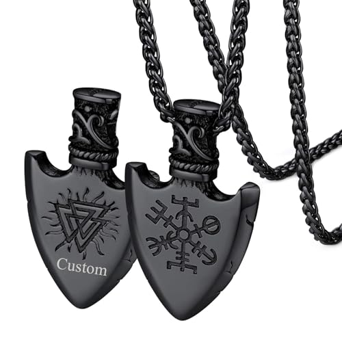 FaithHeart Norse Viking Rune Necklace with Adjustable Braided Leather/Stainless Steel Rope Chains for Men Women, Vintage Amulet Jewelry Gift with Delicate Box - color: 05. Compass-Black (Personalized)