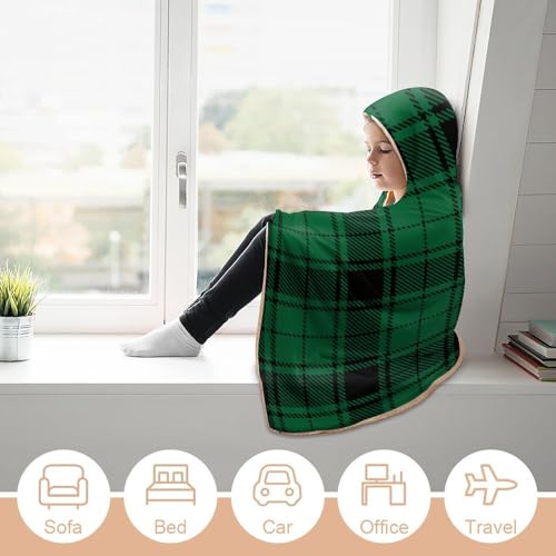 Scottish Tartan Plaid Green Large Size Comfortable Hooded Blanket, Warm Blanket 40"x50" - color: Scottish Tartan Plaid Green, size: 40"x50"
