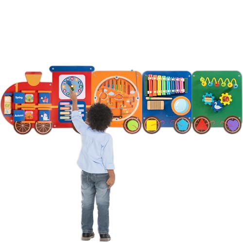 Train Activity Wall Busy Board Panels | 11-in-1 Wooden Sensory Wall Panel for Kids, Toddler Montessori Learning Activity Center, Perfect for Toddler Playroom Nursery Classroom Dentist Waiting Room - style: Train