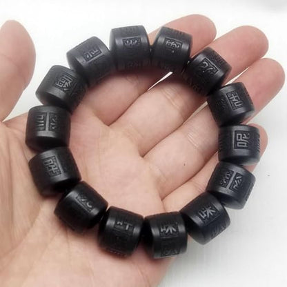 Wooden Beads Bracelet Lightning Struck Jujube Wood Black Bead Engraved with Sanskrit Words Mala Prayer Feng Shui Lucky for Women Men (Black, 16mm)