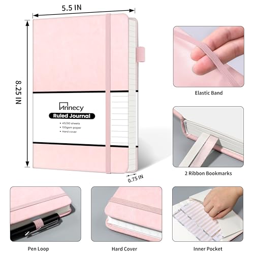 Annecy Lined Journal Notebook, Hardcover Leather Journal for Women & Men, 160 Numbered Pages, Medium 5.5" x 8.25", 100 GSM Thick Paper, Pink - color: Pink, style: Lined