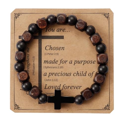 MILAKOO Wooden Bracelet with Black Stainless Steel Cross Charms Bead Christian Gifts for Women Men - color: D2