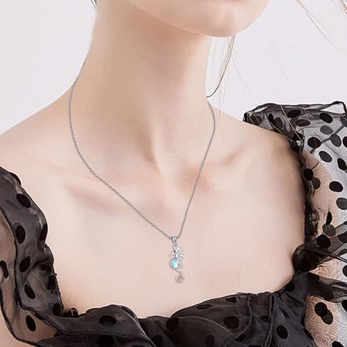 Sterling Silver Cute Animal Pendant Necklace Fox/Snake/Unicorn/Owl on Moon/Rabbit/Horse Necklace Jewelry for Women Mom Sister - style: Moonstone Seahorse