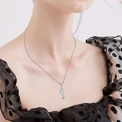 Sterling Silver Cute Animal Pendant Necklace Fox/Snake/Unicorn/Owl on Moon/Rabbit/Horse Necklace Jewelry for Women Mom Sister - style: Moonstone Seahorse