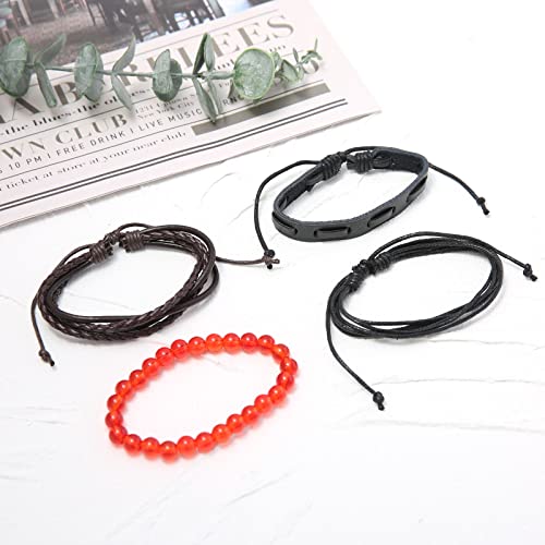 HZMAN Wrap Bracelets Men Women, Hemp Cords Wood Beads Ethnic Tribal Bracelets, Leather Wristbands - style: Red Onyx Stone