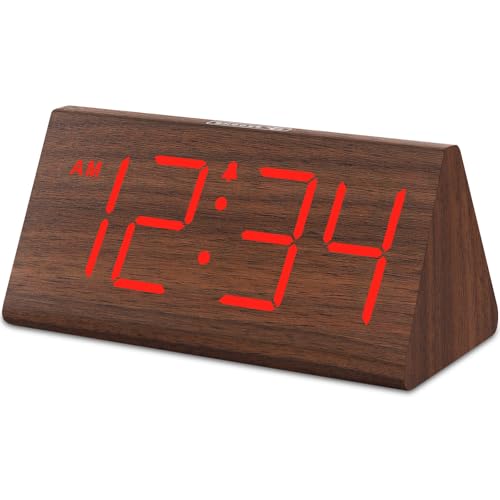 DreamSky Wooden Digital Alarm Clocks for Bedrooms - Electric Desk Clock with Large Numbers, USB Port, Loud Alarm for Heavy Sleepers, Adjustable Volume, Dimmer, Snooze, DST, Wood Décor, Adapter Powered - color: Red (Plug-in)
