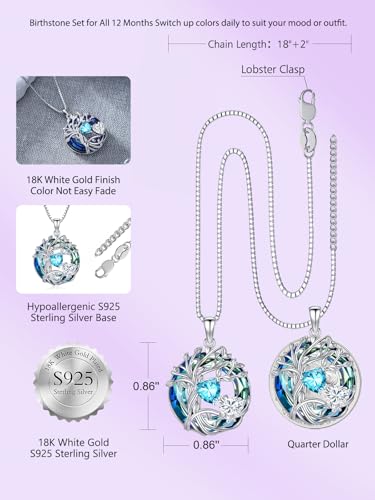 TOUPOP s925 Sterling Silver Family Celtic Tree of Life Pendant Necklaces with 2 Heart Birthstone with Blue Austrian Crystal Jewelry Birthday Valentines Day Gifts for Her, Anniversary Christmas Gifts for Wife Girlfriend Mom (18K Real White Gold Filled) - c