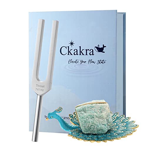 Ckakra Solfeggio Frequencies Tuning Fork with Natural Crystal kit, Inner Peace, 741hz Solfeggio Frequencies for Throat Chakra,Peacock - color: Throat Chakra