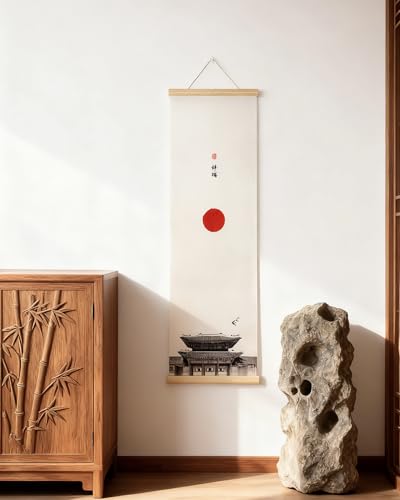 Vertical Chinese Wall Scroll Set of 4 - Traditional Ancient Architecture Paintings, Asian Wall Art with Natural Wood Frame for Living Room, Office Decor - style: Art Deco