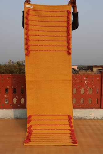 Jaipur Art & Rugs Cotton Yoga Rug - Eco-Friendly Hand-Woven Thick Mat (24”x72”x5mm) for Everyday Fitness at Home - Comfortable & Extra-Long - color: Mustard-Red
