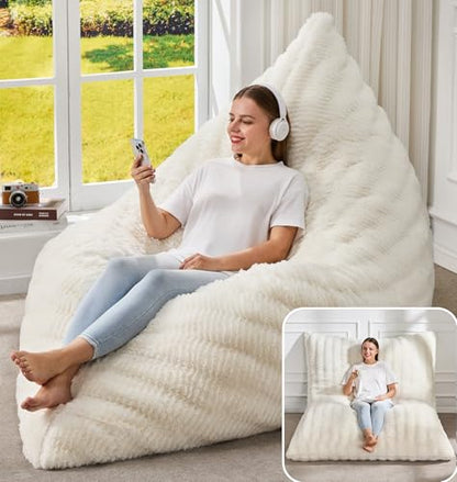 Hobestluk 3 in 1 Bean Bag Chair Giant Bean Bag Chairs for Adults with Ripple Cover Convertible Bean Bag Floor Cushion with Machine Washable Cover for Living Room (Ripple White) - color: Rice White