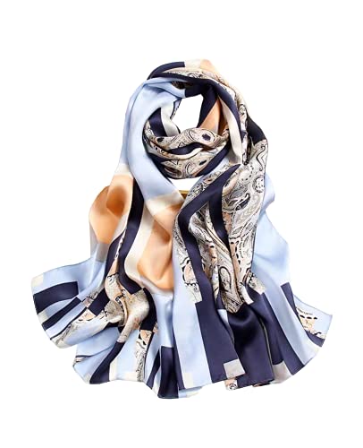 100% Mulberry Silk Long Scarf for Women Large Shawls for Headscarf and Neck- Oblong Hair Wraps with Gift Packed - color: Light Blue