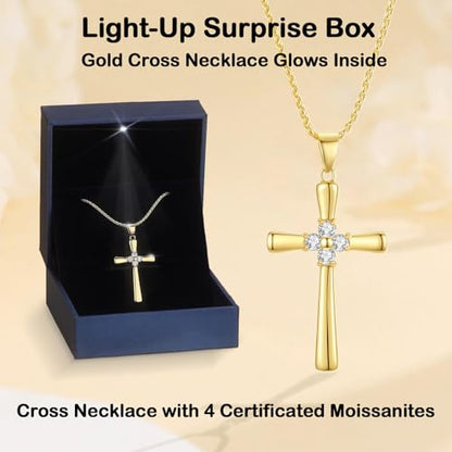 1CT Moissanite Cross Necklace for Women Wife, 18K Gold Filled or Sterling Silver Cross Pendant Chain Jewelry,Anniversary Birthday Gifts for Women Wife Her with LED Light-Up Gift Box and Gift Card - style: Gold-No Card