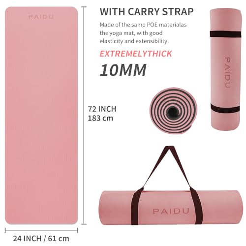 PAIDU Yoga Mat Non Slip Anti-tear,extra thick-2/5 inch（10MM）High Resiliency Professional POE Yoga Mats for Women Men Kids,72"x24"inch,Workout, Yoga, Pilates and Floor Exercise, with Carrier Strap - color: Pink + black