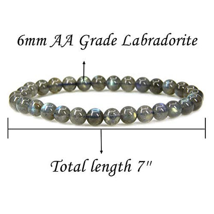 Angelstones Handmade Natural Healing Gemstone 6mm Round Beads Stretch Crystal Bracelet 7 Inch Unisex - color: Labradorite