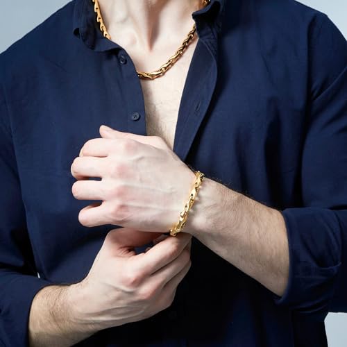 Urban Jewelry Men’s Wheat Link Bracelet Collection – Tungsten Carbide Base, 3-Sided Links, 8.3 Inch, Black, Silver & 24K Gold Plated Variations, Scratch-Resistant, Gift Box - color: 18K Gold Plated over Tungsten Bracelet Necklace Set