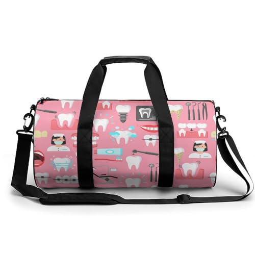 Teeth Dental Seamless Pattern Pink Cylindrical Portable Fitness Bag, Large Capacity Handbag - color: Teeth Dental Seamless Pattern Pink