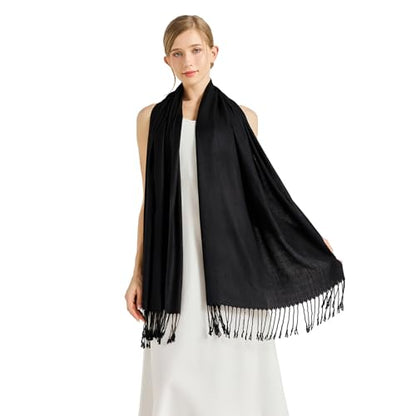 Soft Silky Pashmina Shawl Wraps Solid Colors Scarf for Wedding Evening Dresses - color: B-black