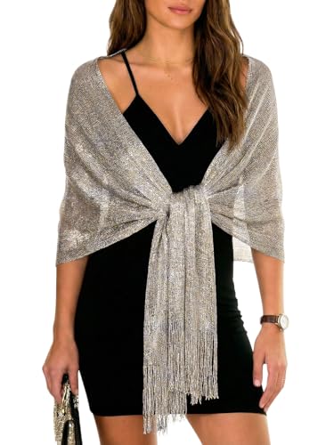 Sumolux Shawls Wraps for Evening Dresses Metallic Glitter Shawls Scarf for Women Sparkling Wedding with Free Buckle - color: Dark Grey With Gold Threads