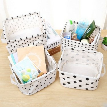 Storage Basket Bins – Foldable Canvas Home Organizers for Baby Toys, Makeup, Books, Keys (4 Pack, White & Black)