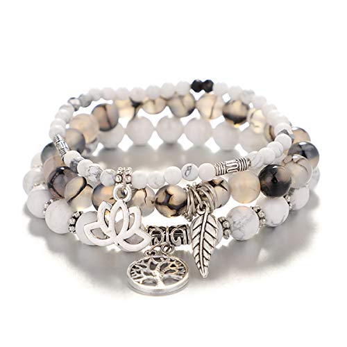 Tree of Life Yoga Healing Stone Bracelets,Multilayer Lotus Chakra Stone Reiki Bracelet Sets,Anxiety Crystal Natural Stone,for Women Stress Relief - style: White Turquoise + Dragon Pattern Stone