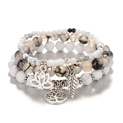 Tree of Life Yoga Healing Stone Bracelets,Multilayer Lotus Chakra Stone Reiki Bracelet Sets,Anxiety Crystal Natural Stone,for Women Stress Relief - style: White Turquoise + Dragon Pattern Stone