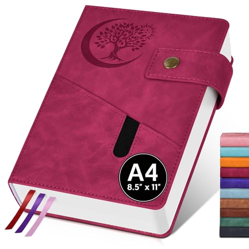 PAIBAS A4 Leather Lined Journal Notebook, 8.5"x11" 366 Pages 100GSM College Ruled Hardcover Diary with 3 Ribbon Bookmarks, Brass Snap & Front Pocket, Journals for Writing Work Travel Men Women - color: Wine Red, size: A4 (8.5" x 11")